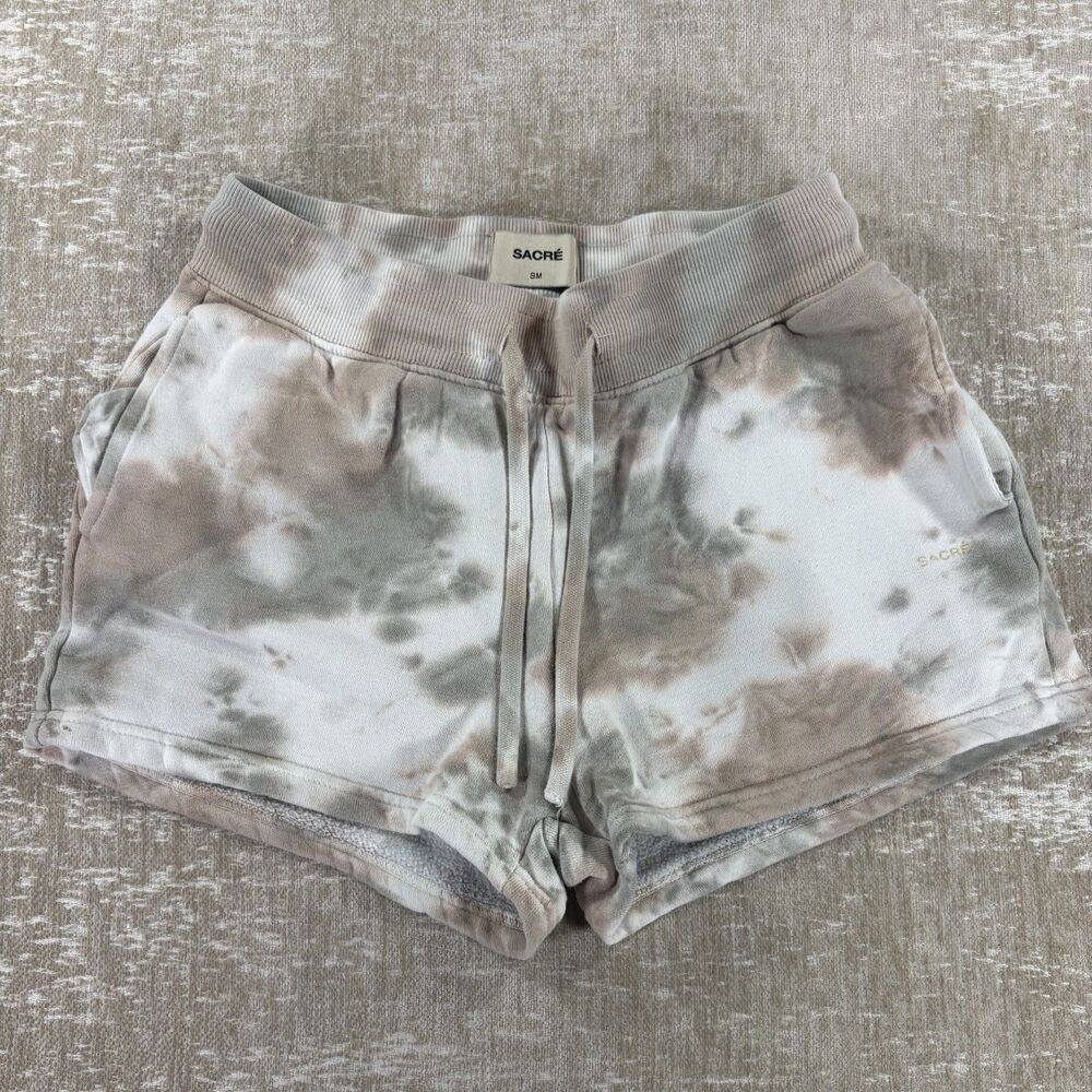 SACRE Taupe & Cream Tie-Dye Lounge Sweat Shorts - Size SM